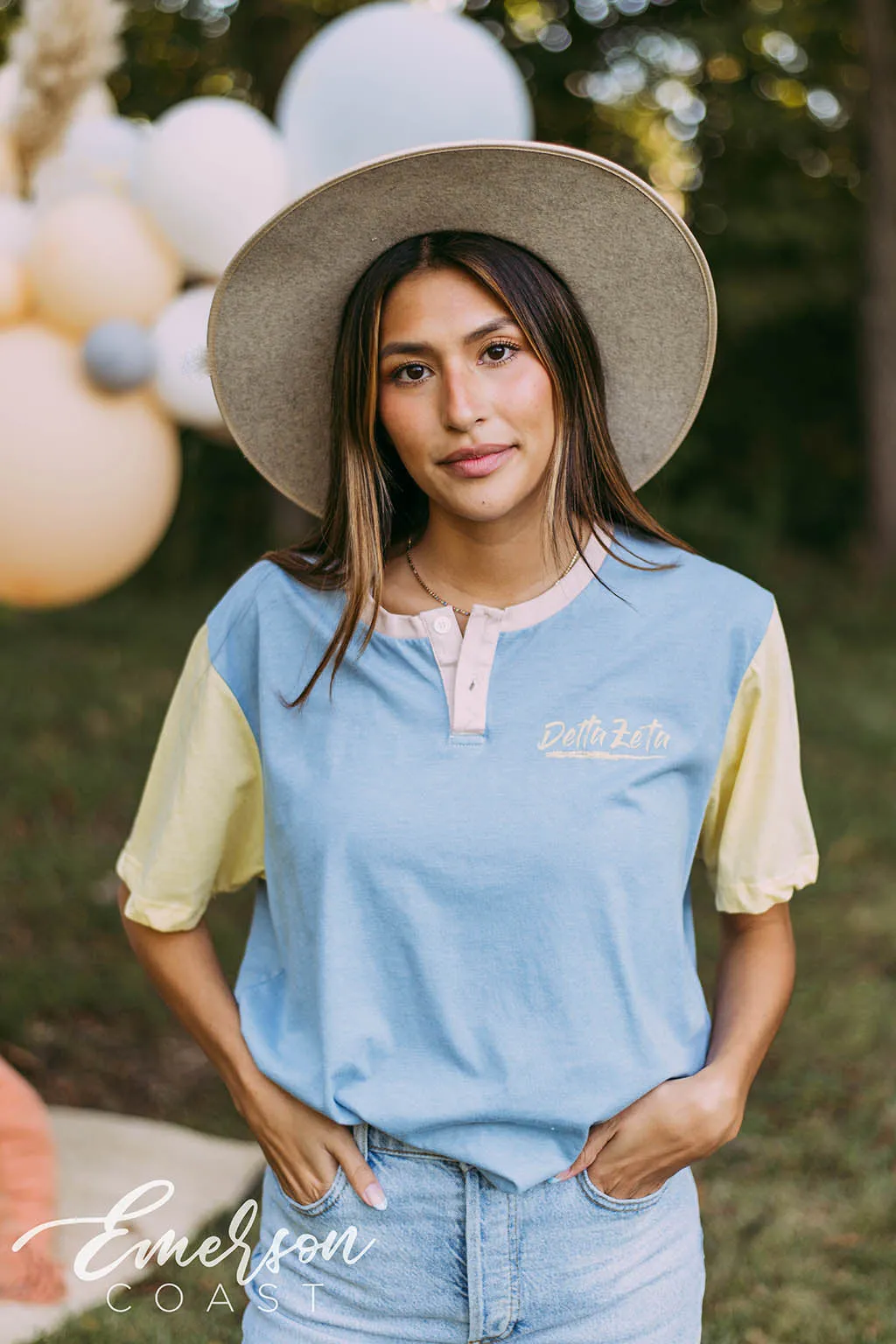 Delta Zeta Light Blue and Yellow Colorblock Henley