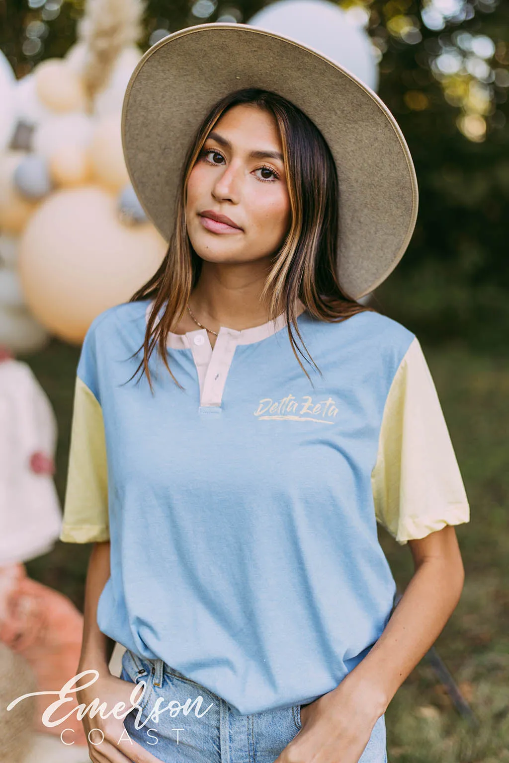 Delta Zeta Light Blue and Yellow Colorblock Henley