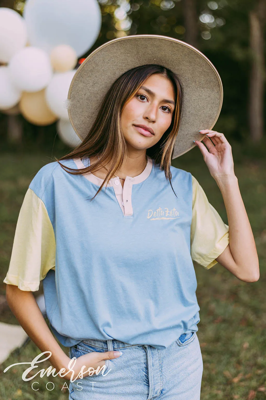 Delta Zeta Light Blue and Yellow Colorblock Henley