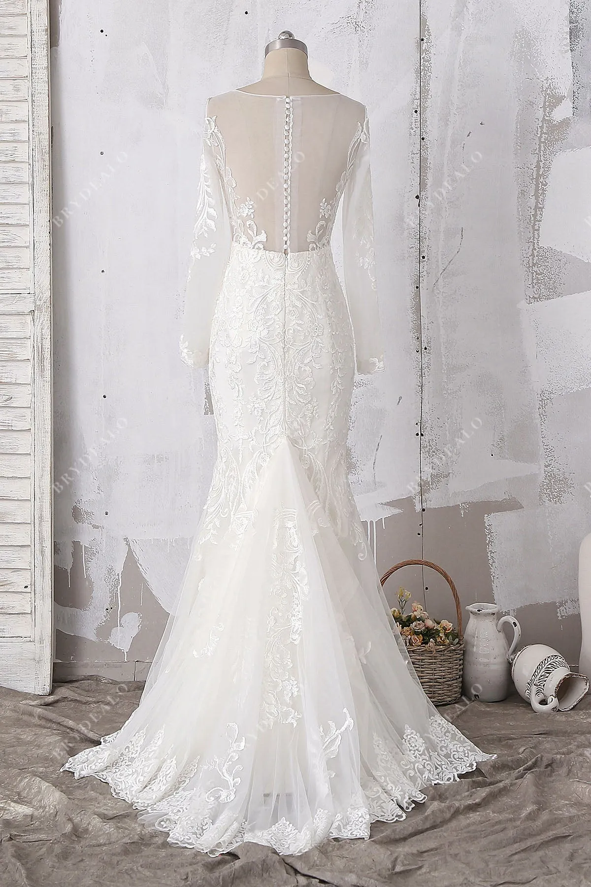 Designer Lace Long Bustle Mermaid Wedding Dress