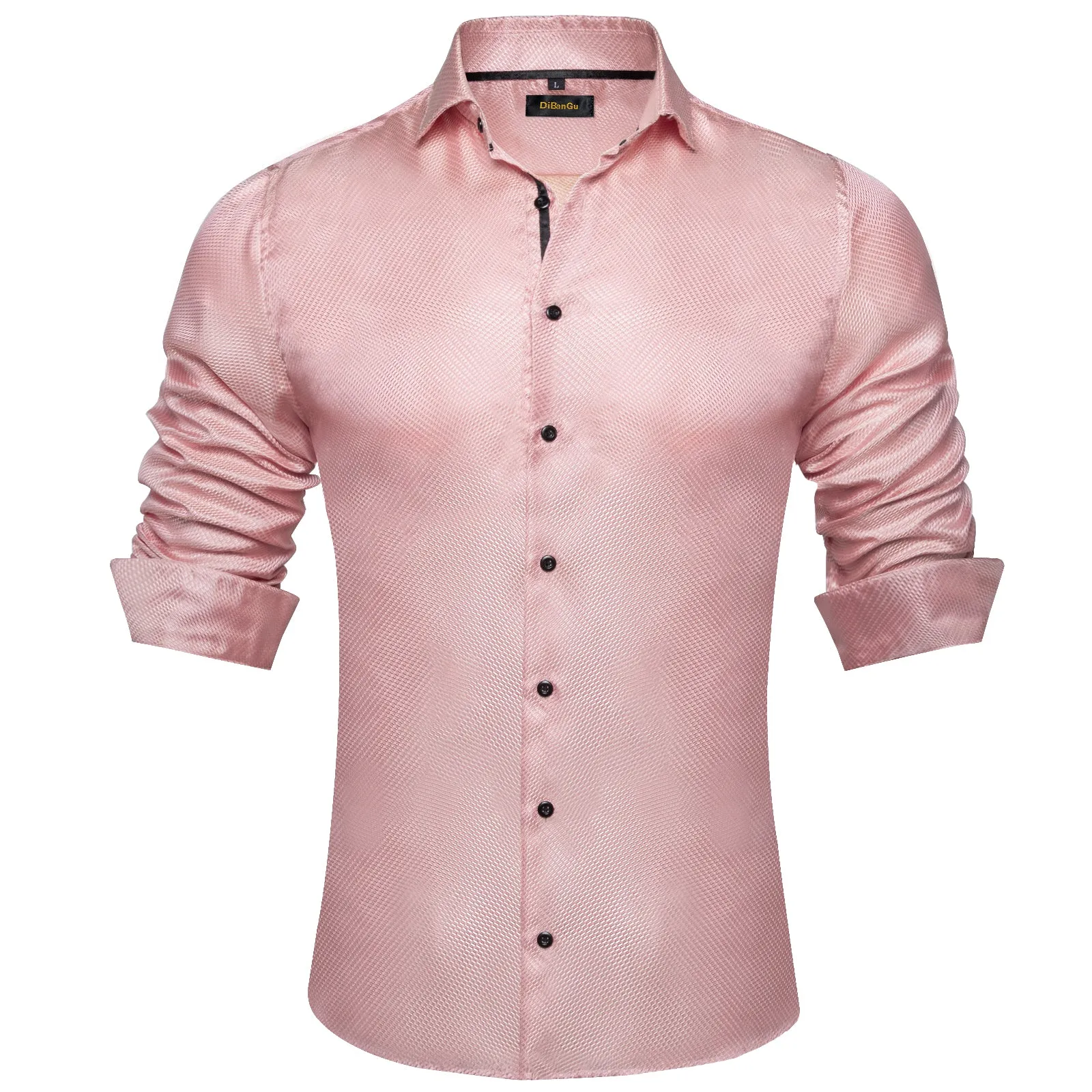 DiBanGu Dress Shirt Pink Solid Silk Men's Button Down Long Sleeve Shirt