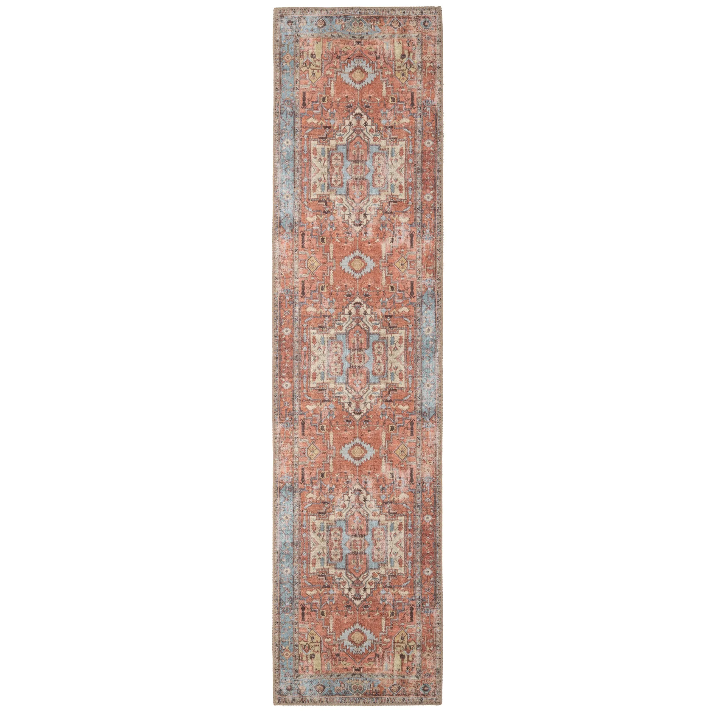 Distressed Terracotta Aztec Washable Runner Rug - Yana