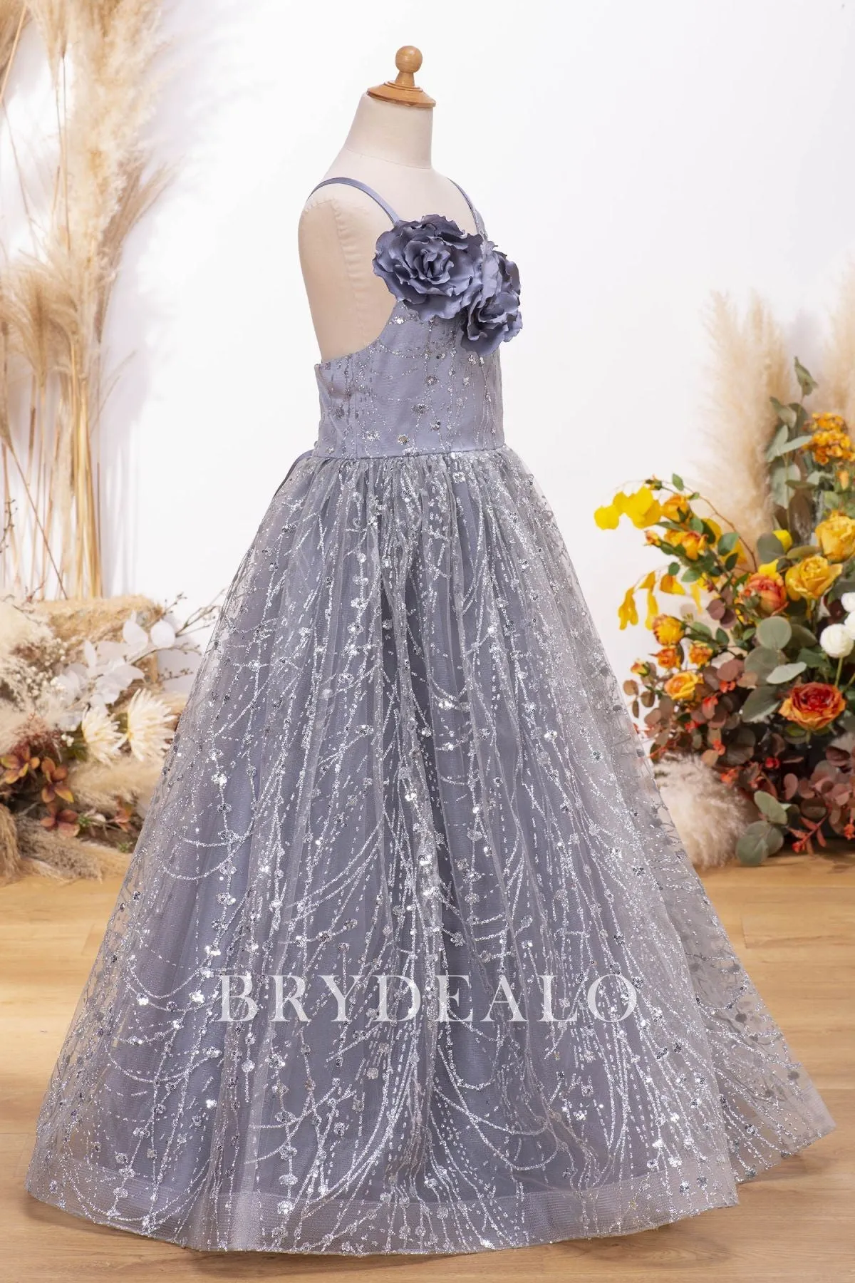 Dusty Blue Glitter Floor Length Flower Girl Dress