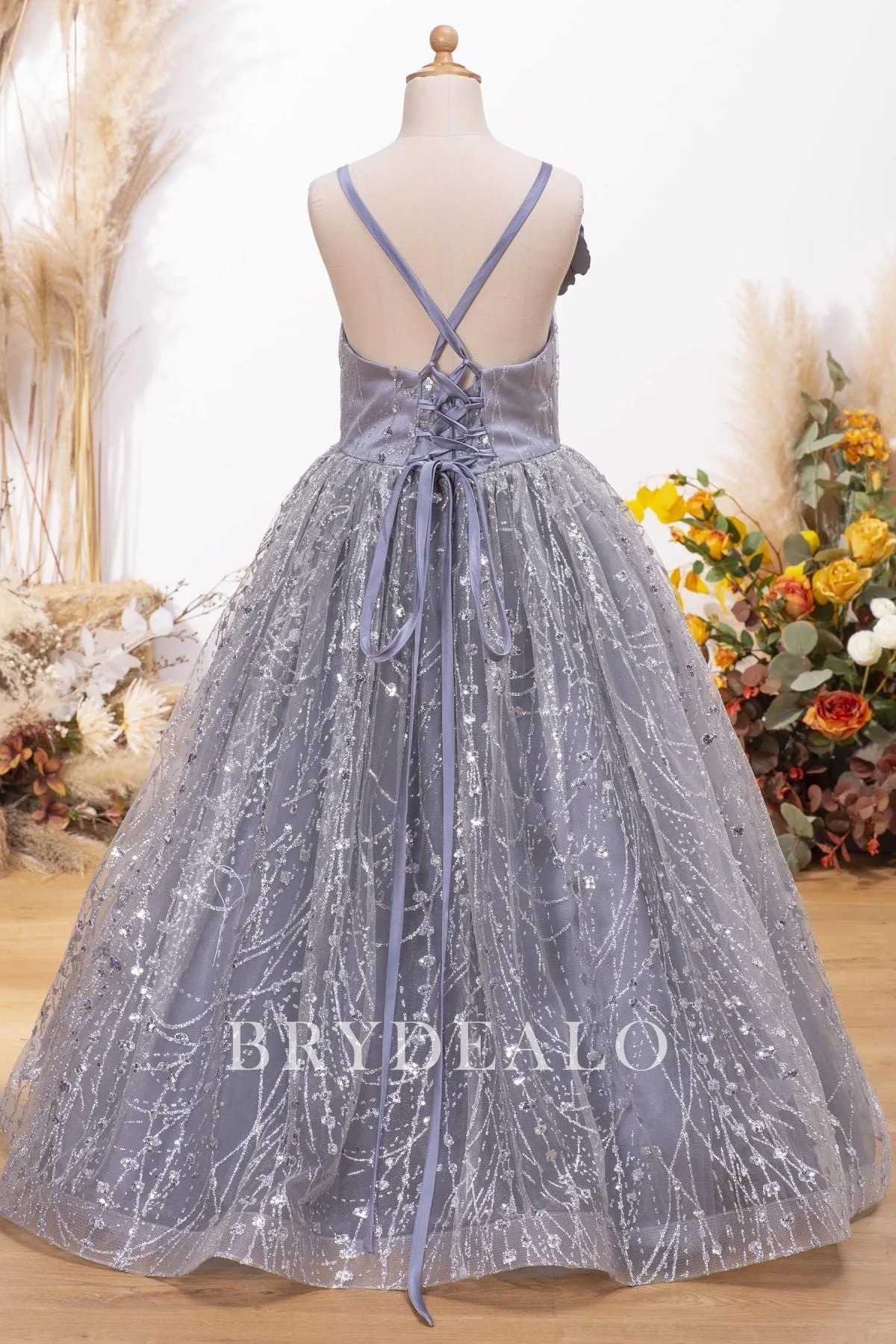 Dusty Blue Glitter Floor Length Flower Girl Dress