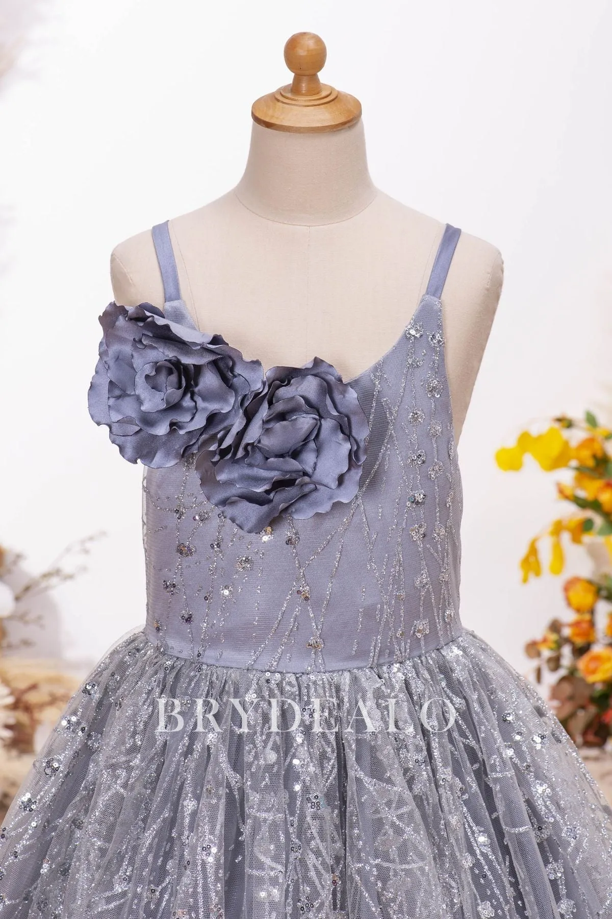 Dusty Blue Glitter Floor Length Flower Girl Dress