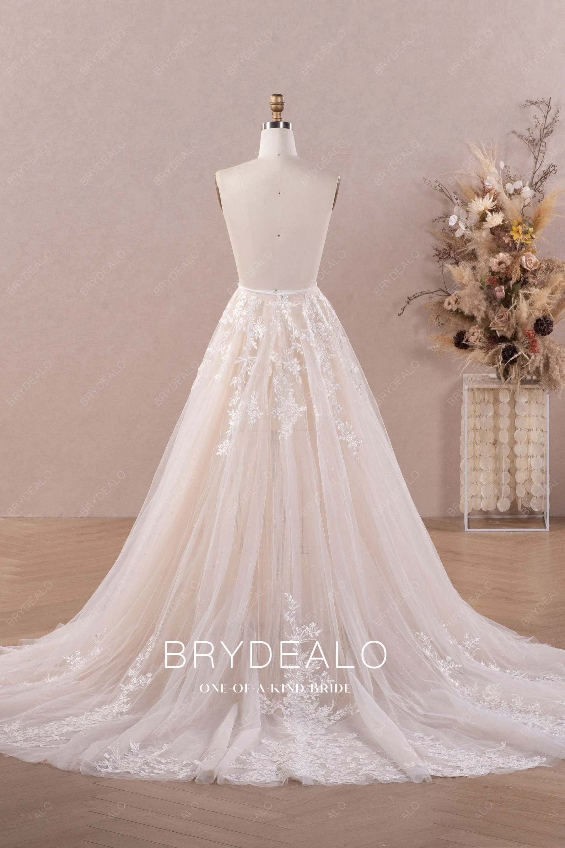 Elegant Illusion Shimmer Lace Tulle Detachable Long Bridal Overskirt