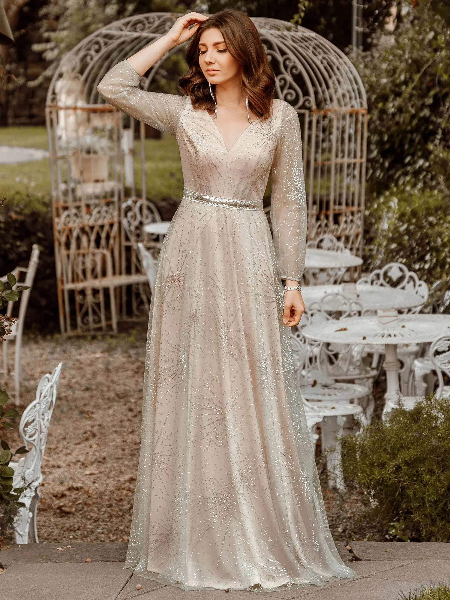 Elegant Shimmery Long Lantern Sleeve Prom Dress