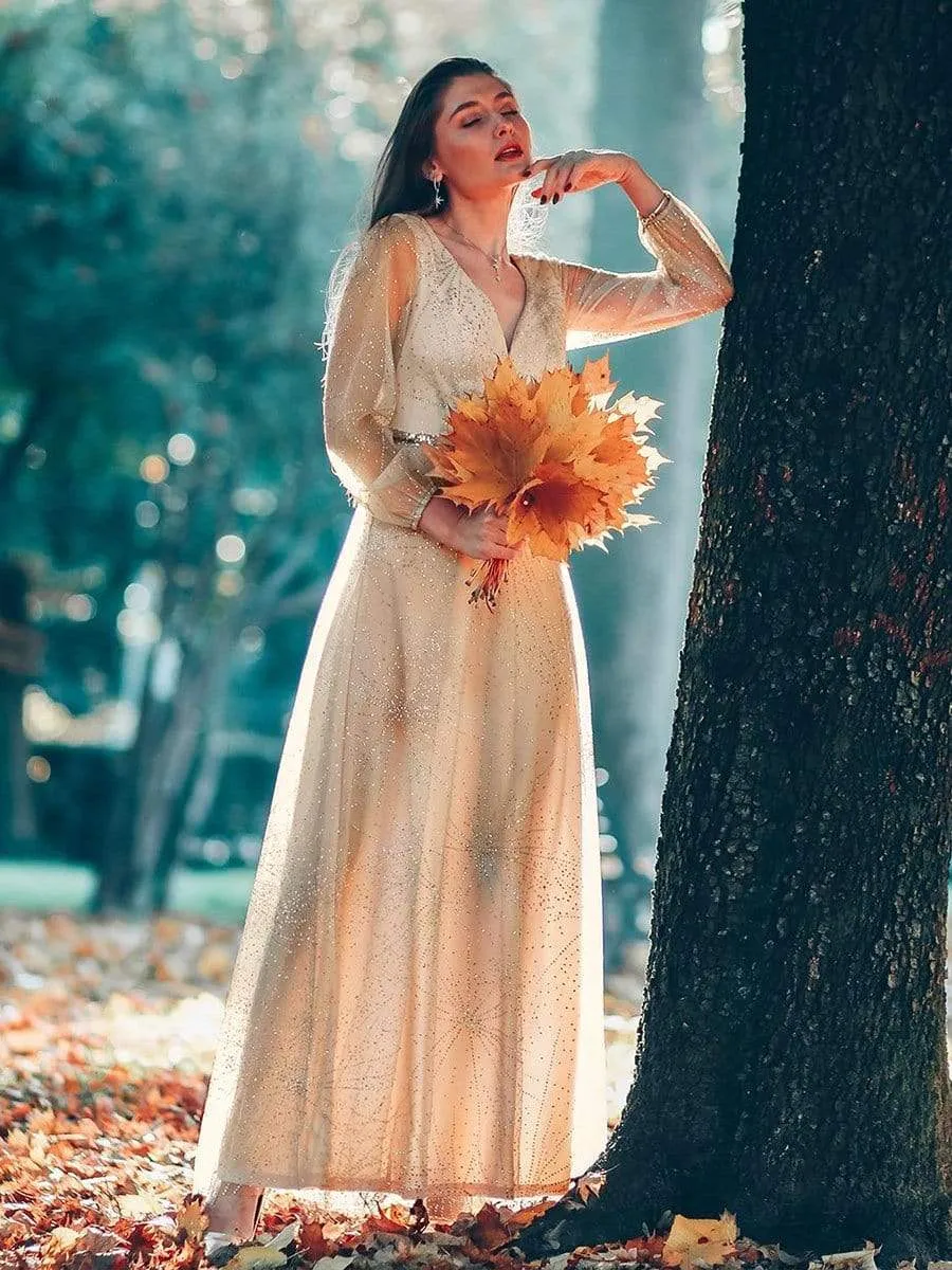 Elegant Shimmery Long Lantern Sleeve Prom Dress