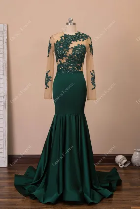 Emerald Green Sexy Sheer Lace Jersey Mermaid Prom Dress