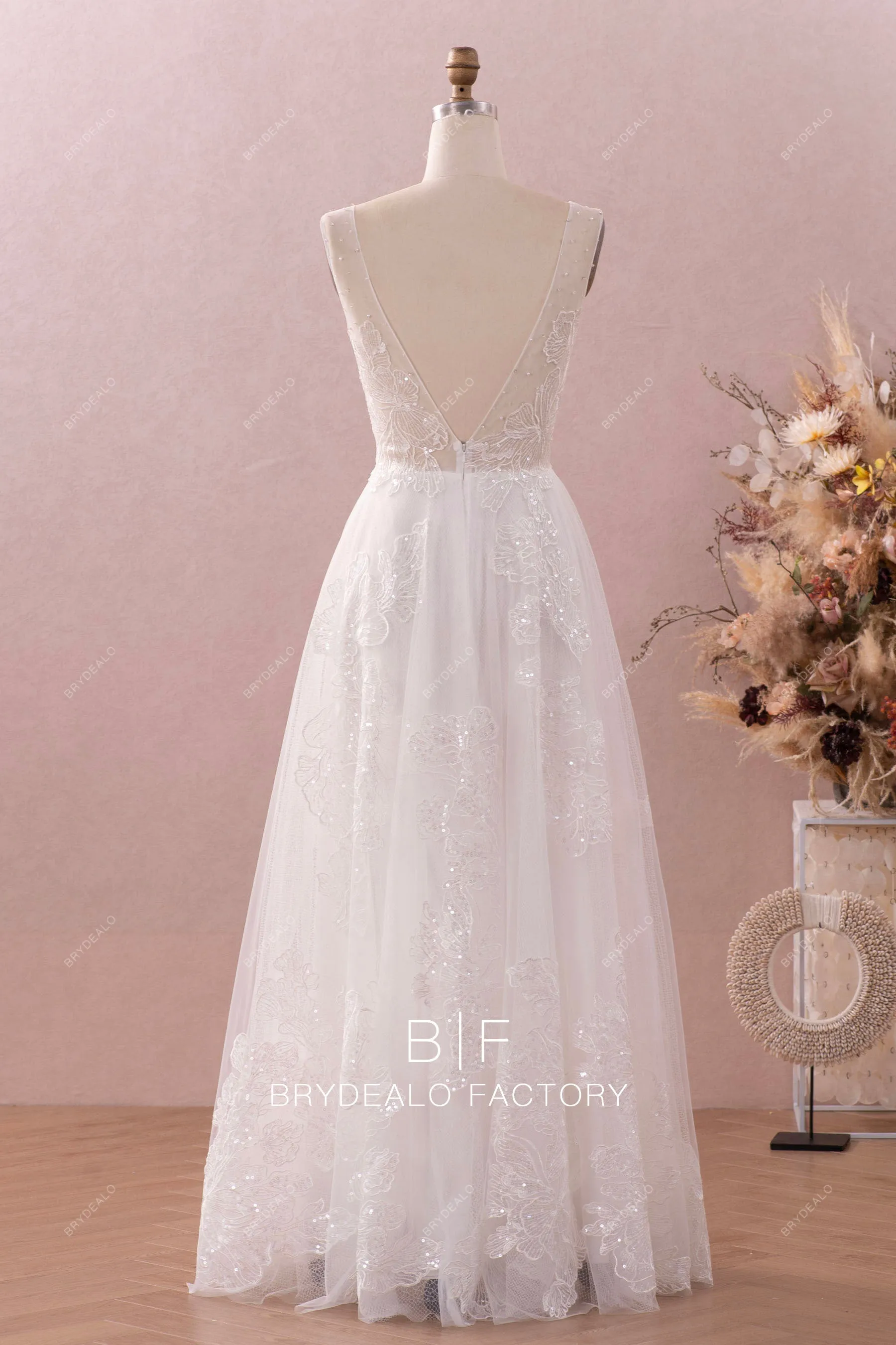 Ethereal Crystal Plunge Neck Shimmer Lace Floor Length Bridal Dress