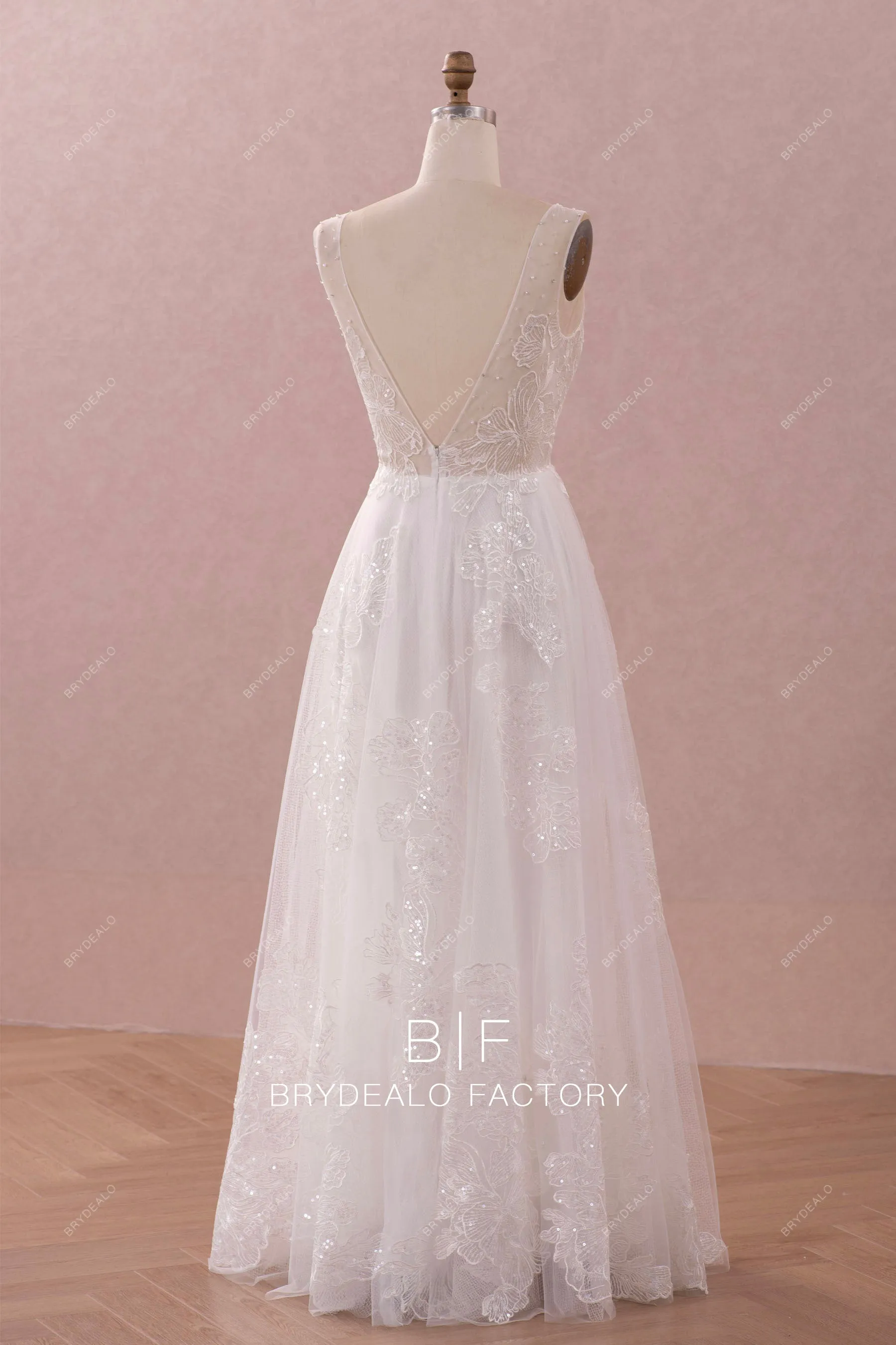 Ethereal Crystal Plunge Neck Shimmer Lace Floor Length Bridal Dress