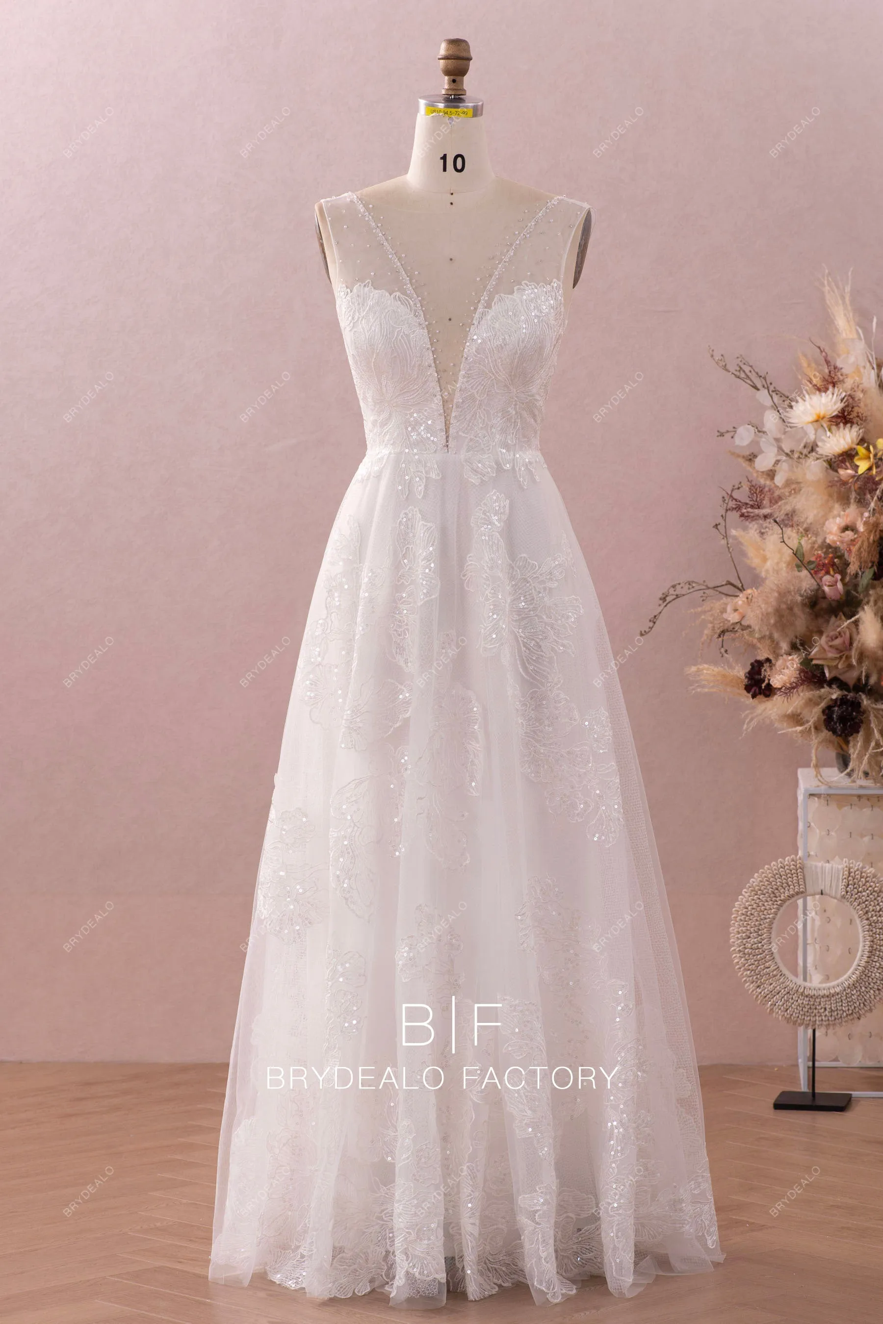 Ethereal Crystal Plunge Neck Shimmer Lace Floor Length Bridal Dress