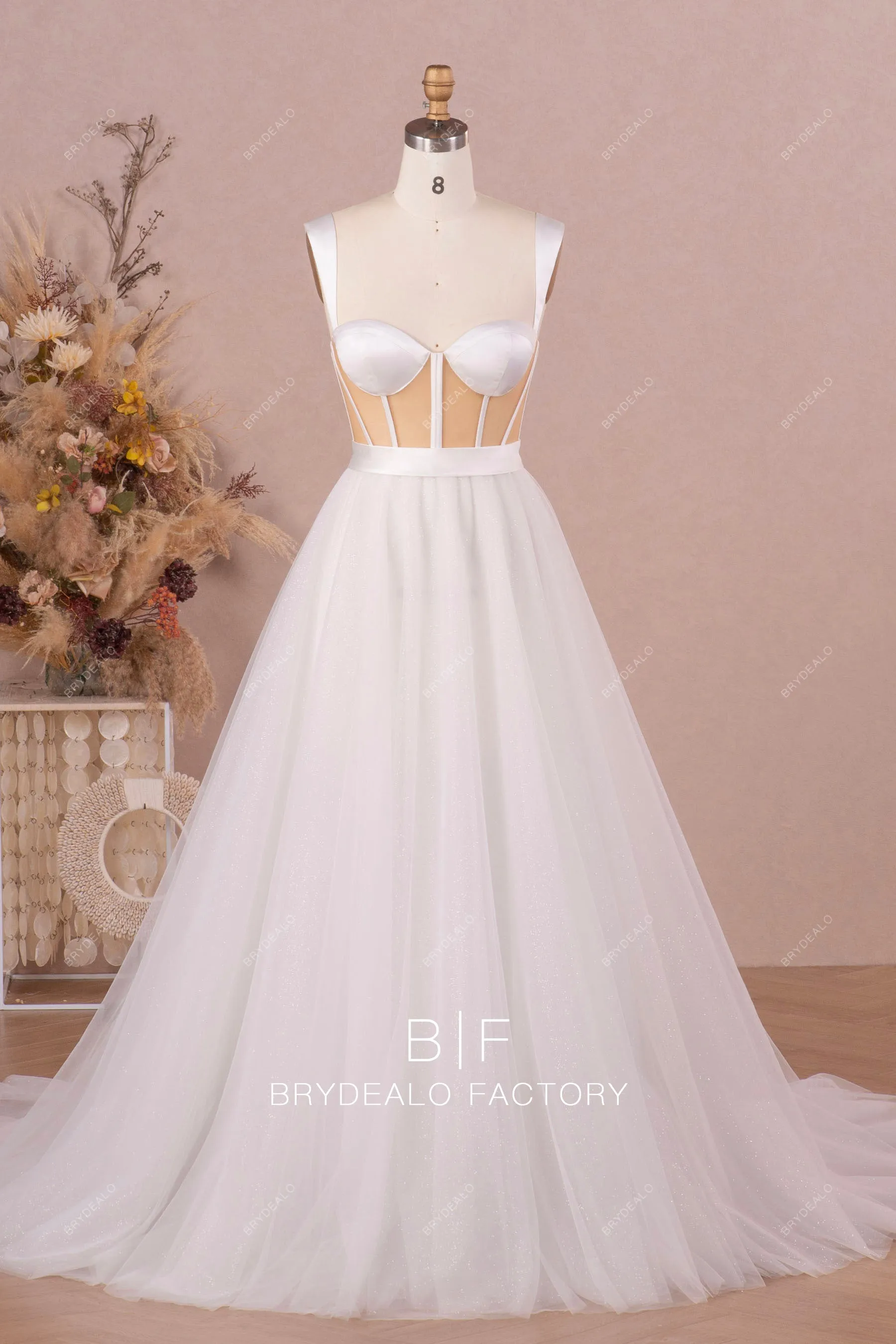 Exposed Boning Corset Sleeveless Designer Shimmery Wedding BallGown