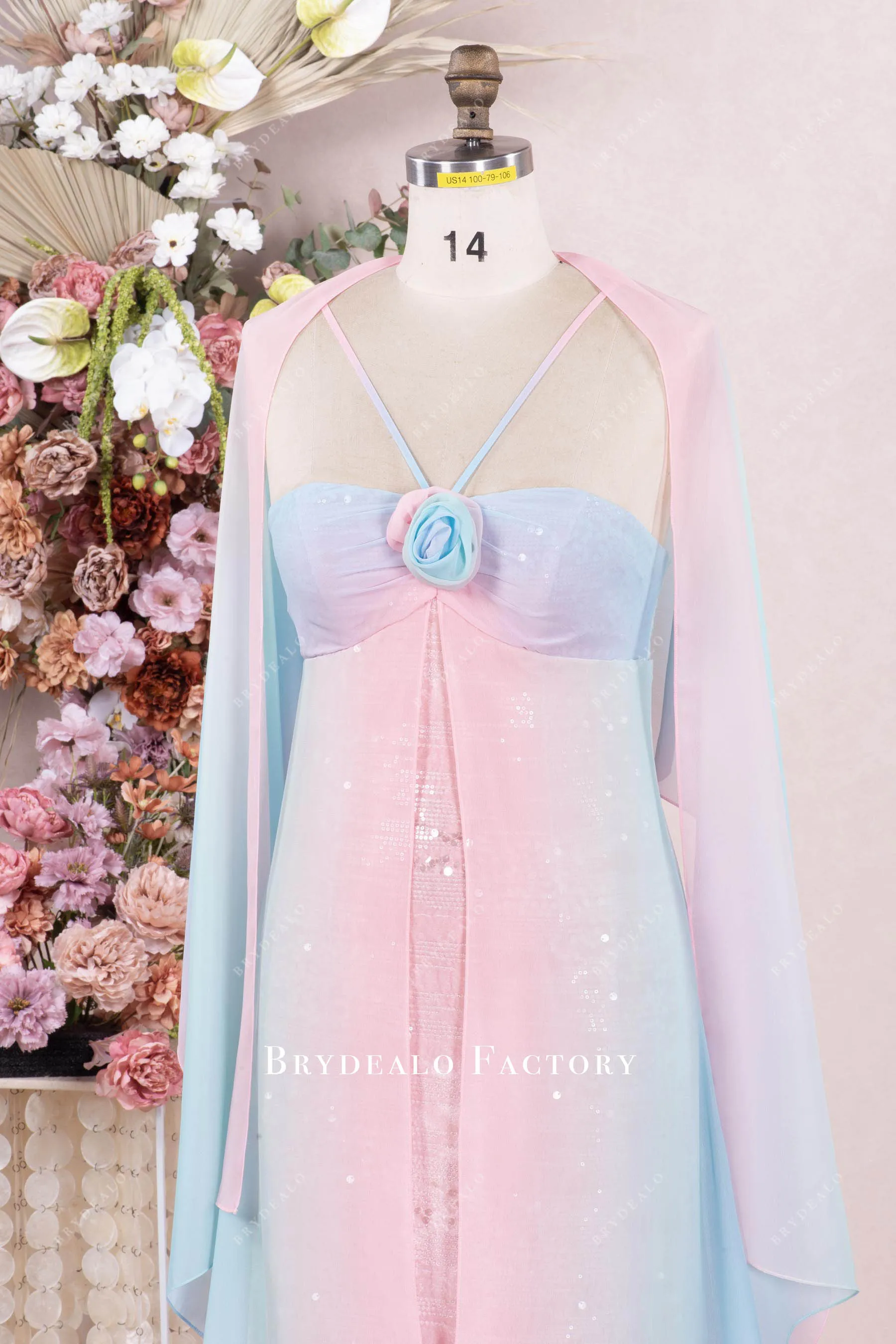 Fairy Ombre Chiffon Shawl Halter Neck Bridesmaid Dress