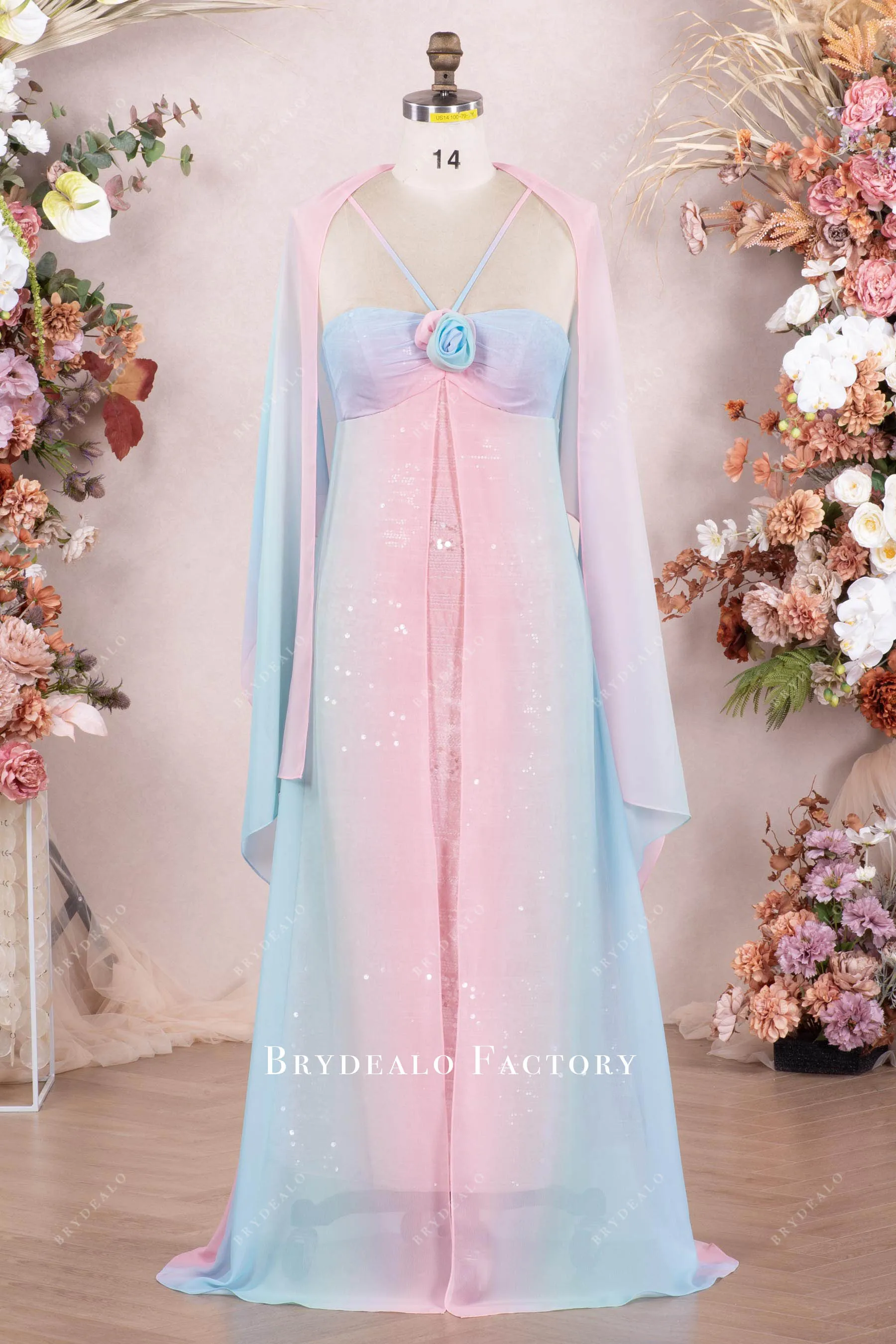 Fairy Ombre Chiffon Shawl Halter Neck Bridesmaid Dress