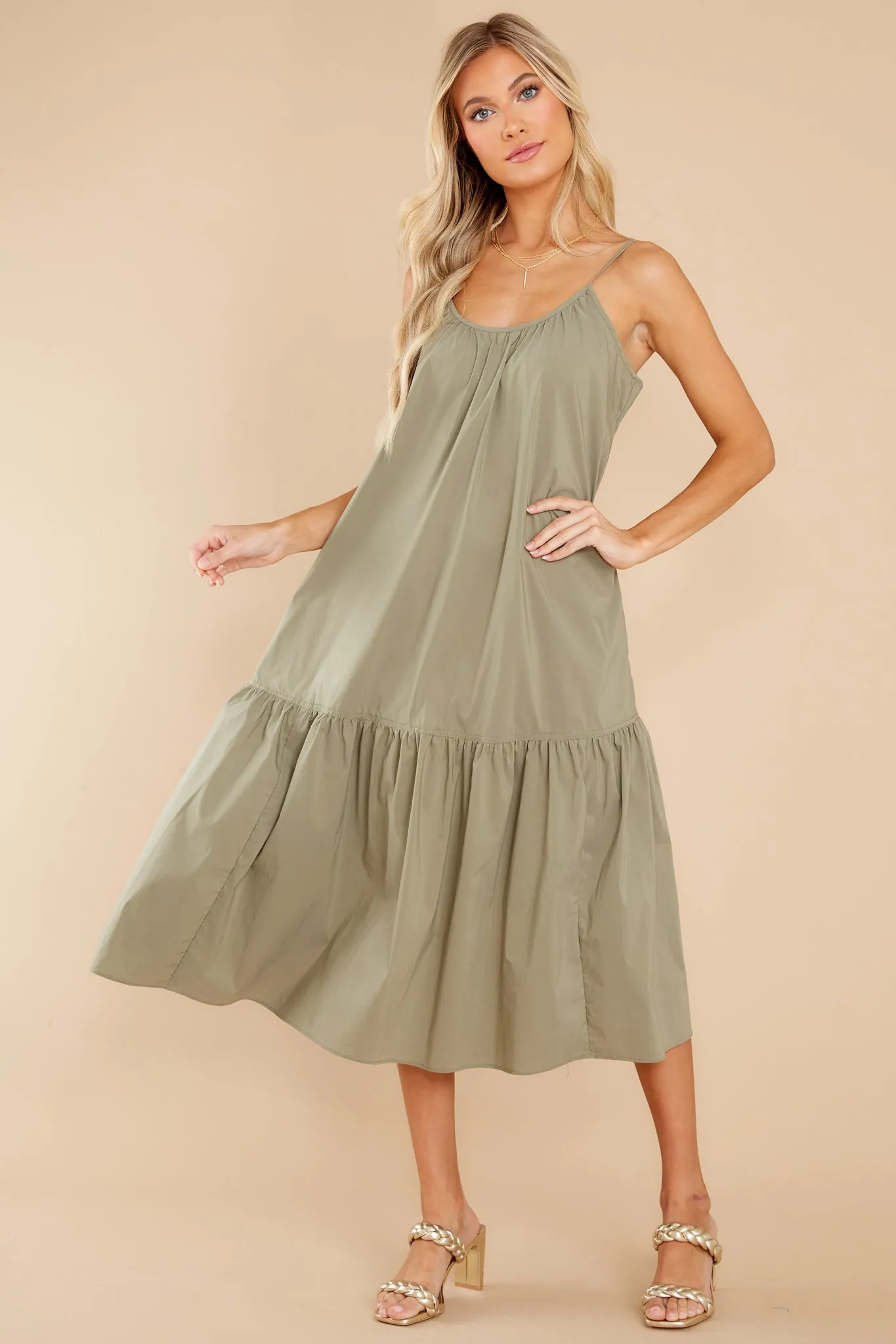 Fields Of Joy Olive Green Midi Dress