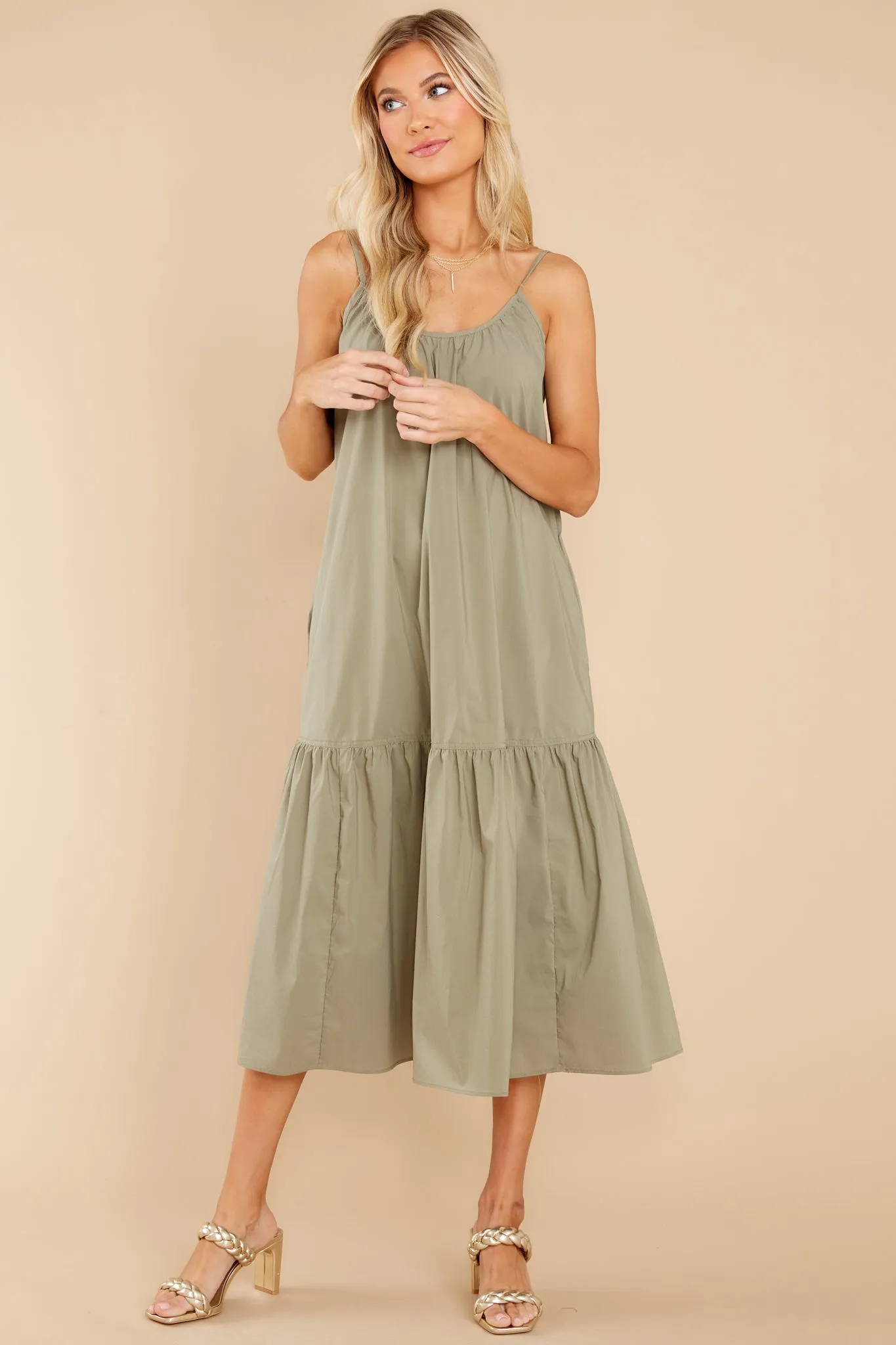 Fields Of Joy Olive Green Midi Dress