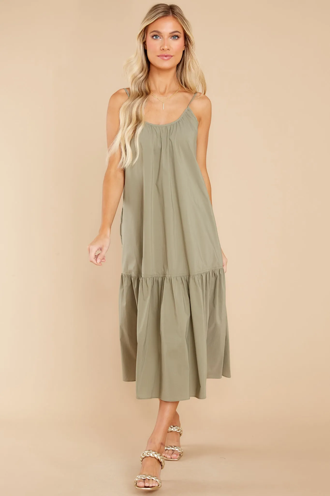 Fields Of Joy Olive Green Midi Dress