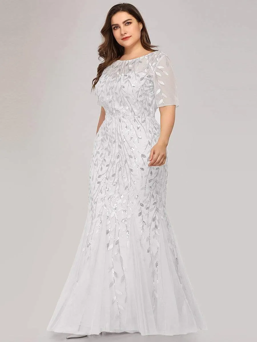 Floral Sequin Outdoor Wedding Dress with Short Sleeves