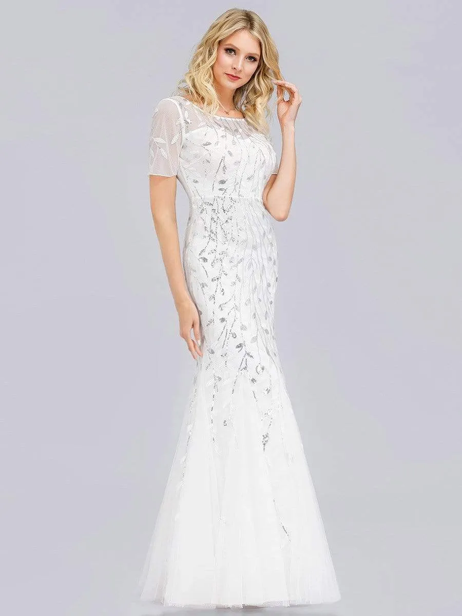 Floral Sequin Outdoor Wedding Dress with Short Sleeves