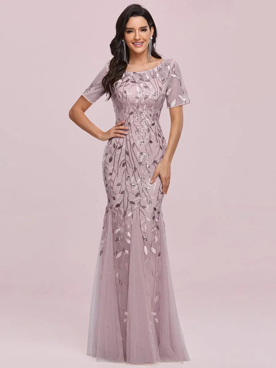 Floral Sequin Print Maxi Long Fishtail Tulle Dresses With Half Sleeve