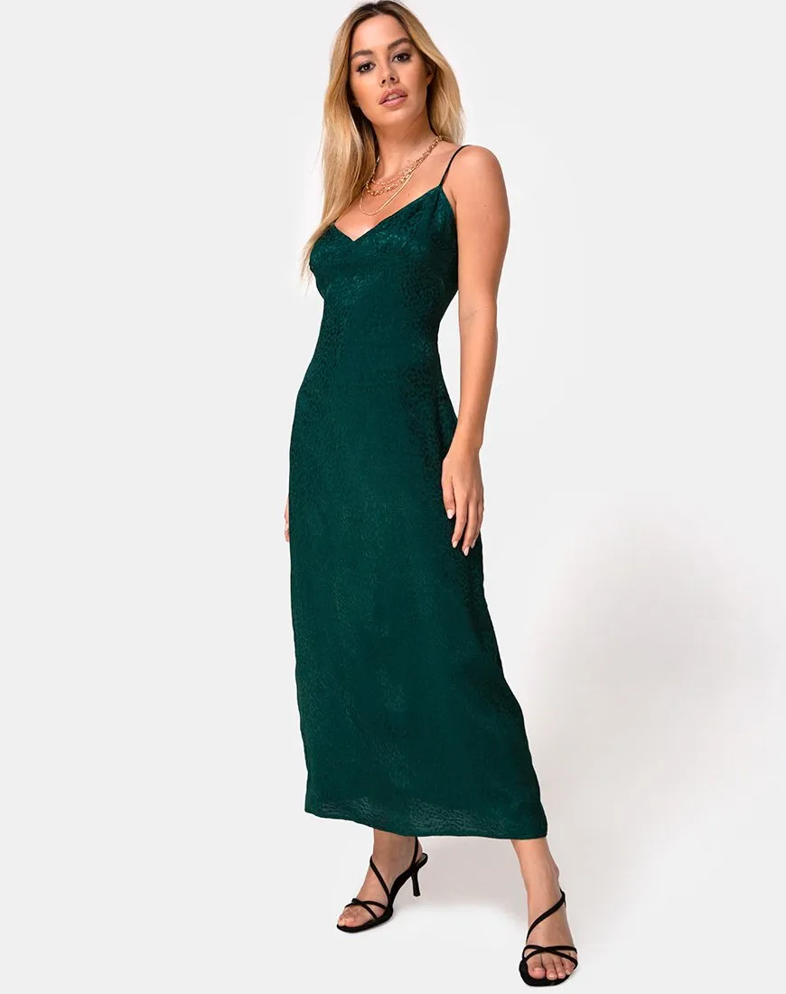 Gaela Slip Dress in Satin Cheetah Forest Green