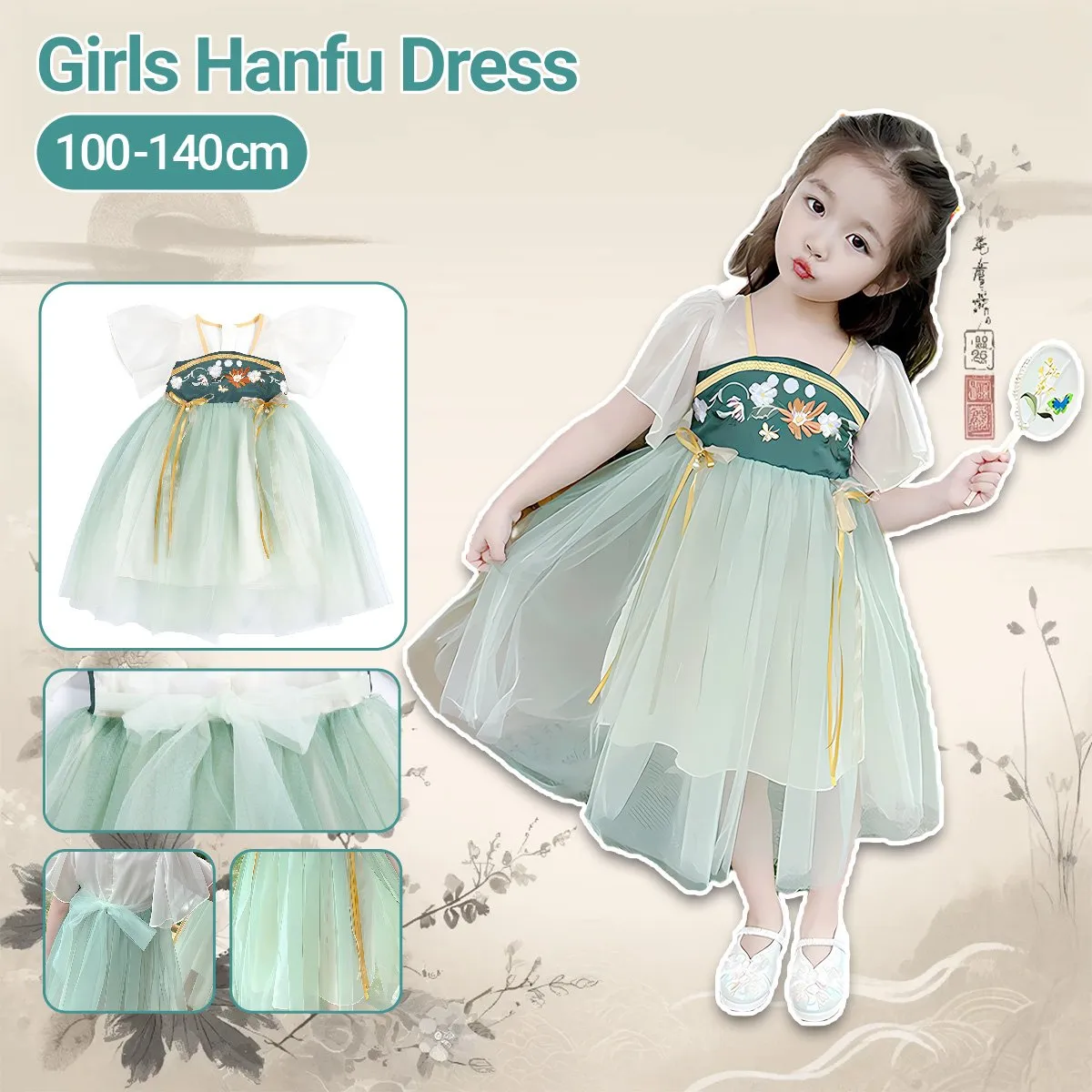 Girls Floral Hanfu Dress Traditional Clothing