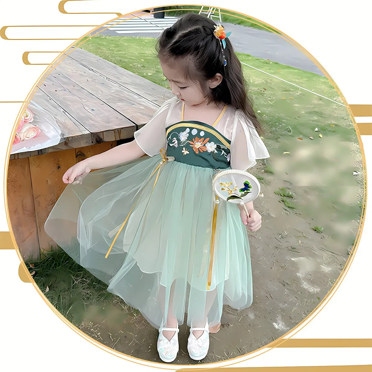 Girls Floral Hanfu Dress Traditional Clothing