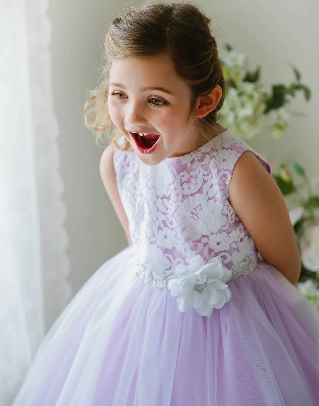 Glamorous and Lace tulle Dress with Flower Accented Belt - Lavender