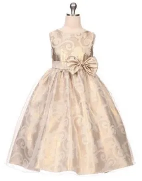 Glittery Gold and Aqua Organza Overlay Jacquard Dress with a Bow - Gold