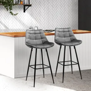 Grey Velvet Bar Stools with Backrest & Footrest - 2x Artiss