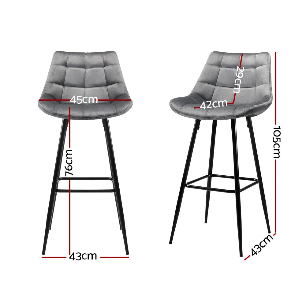 Grey Velvet Bar Stools with Backrest & Footrest - 2x Artiss