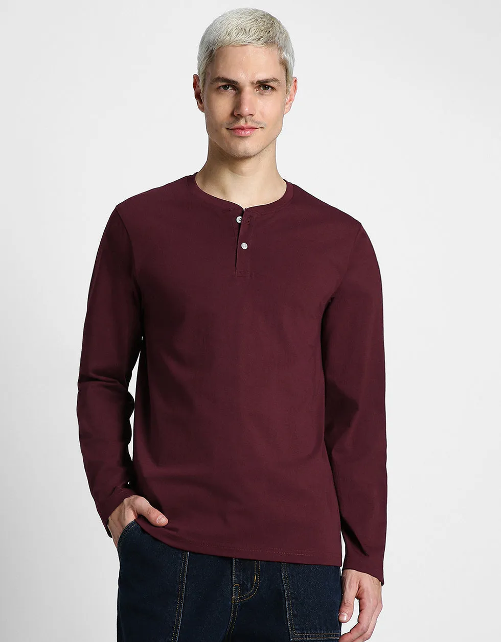 Henley Maroon Solid Tshirt