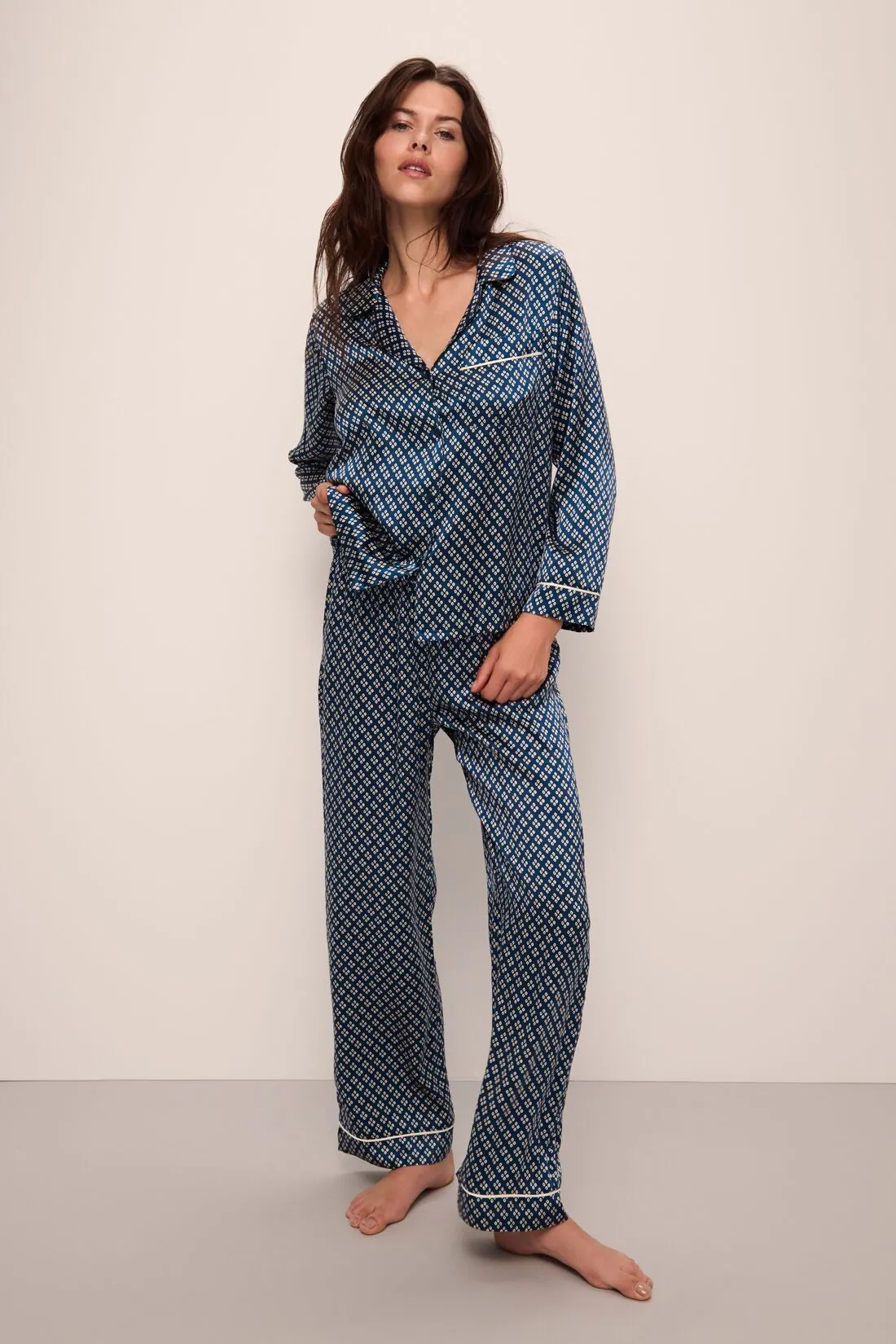 Inez Washable Silk Printed Long PJ Set