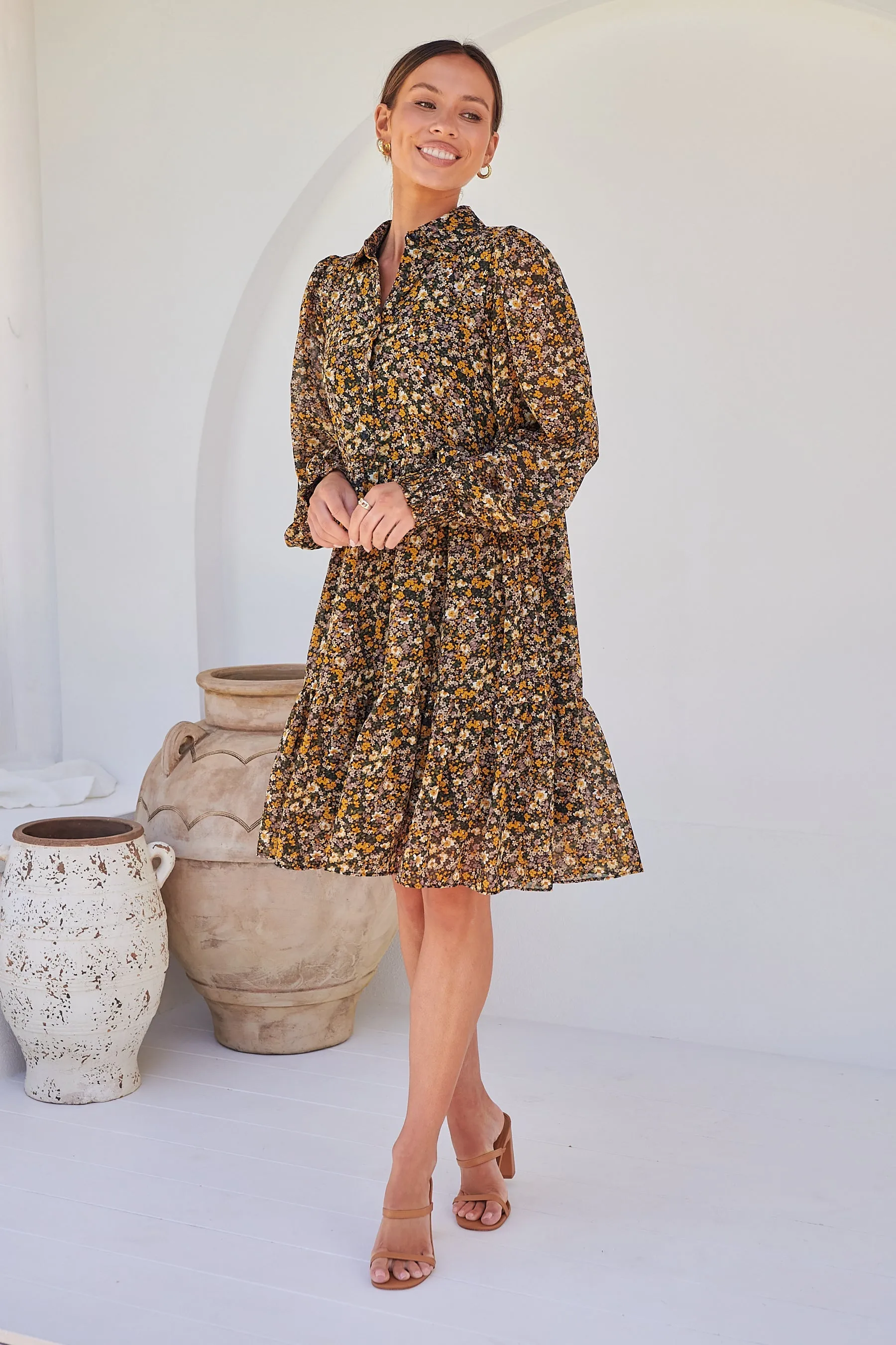 Jessie Floral Chiffon Long Sleeve Collared Dress