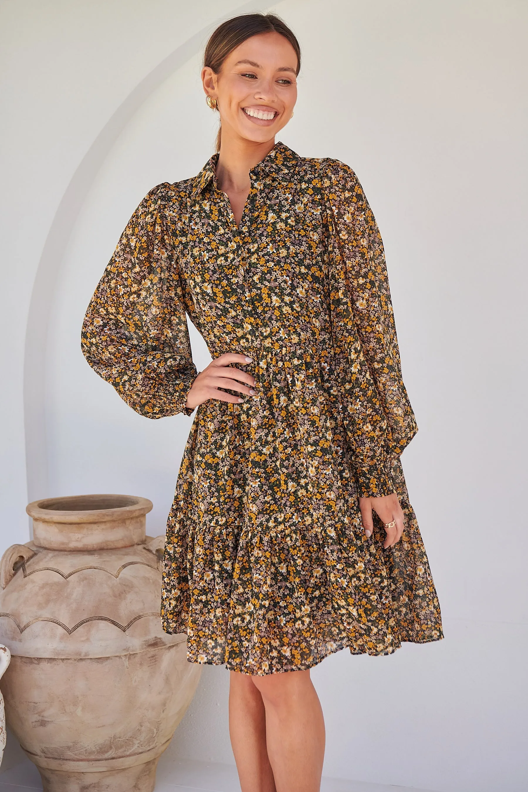 Jessie Floral Chiffon Long Sleeve Collared Dress