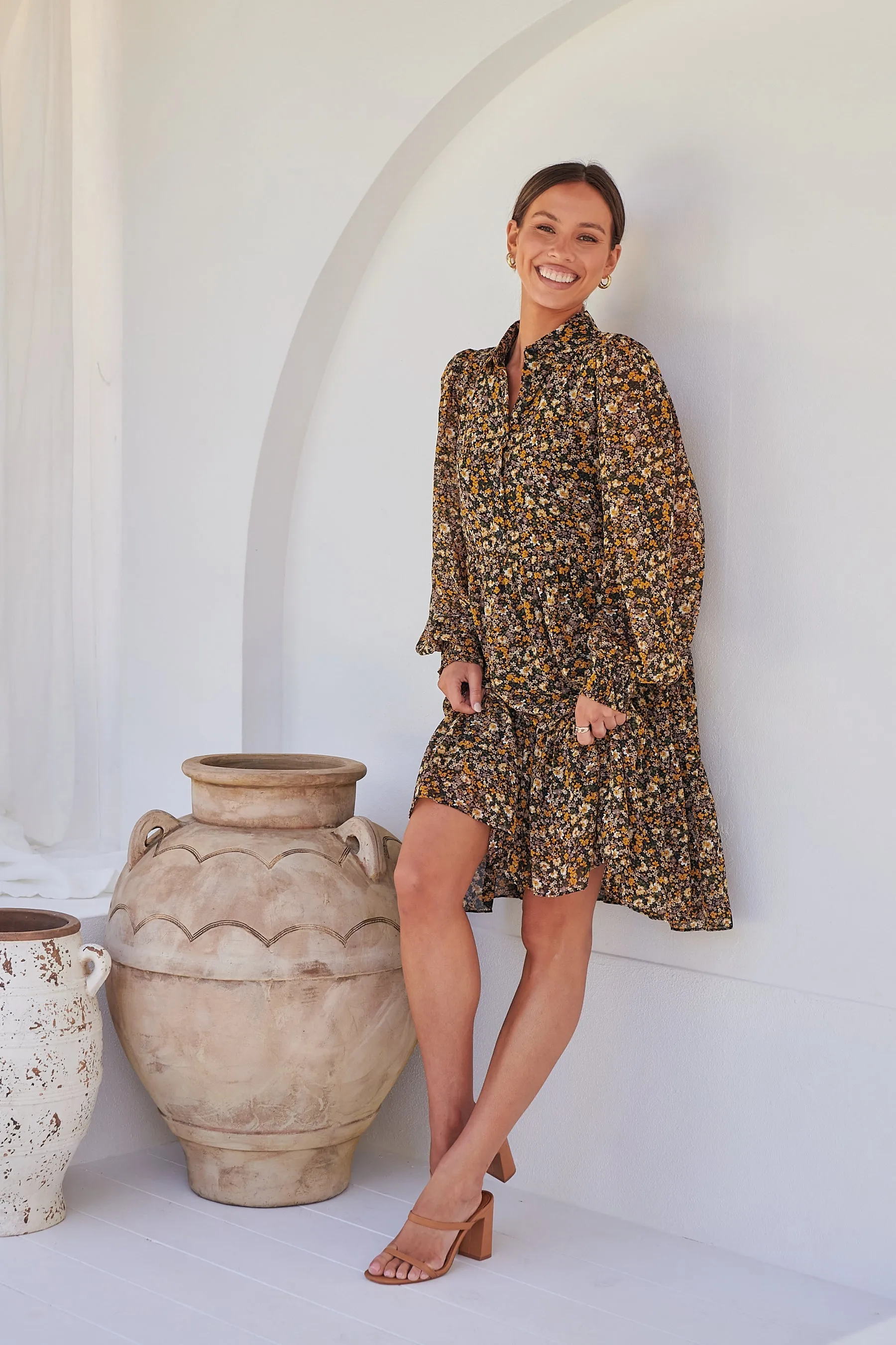 Jessie Floral Chiffon Long Sleeve Collared Dress