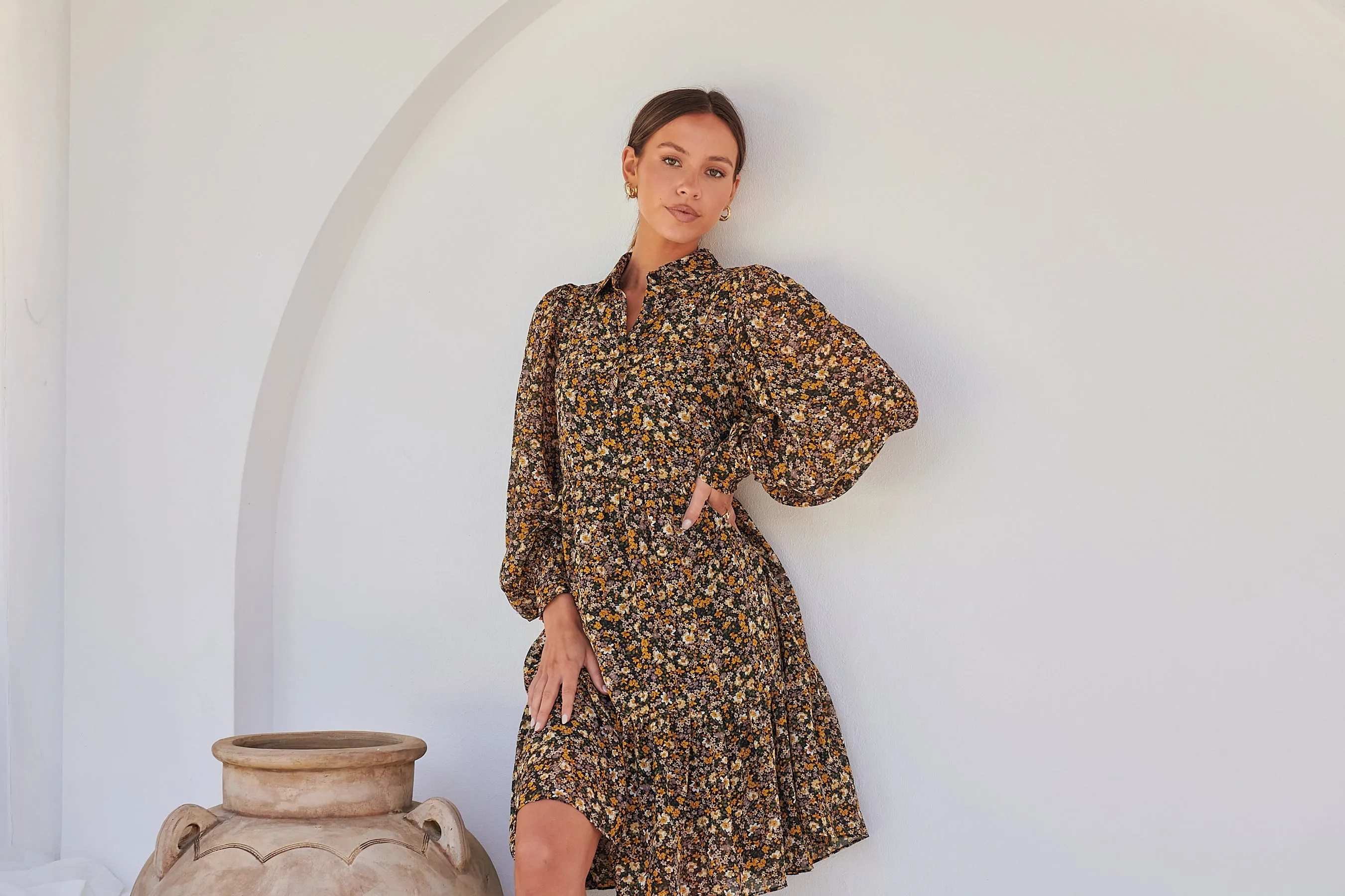 Jessie Floral Chiffon Long Sleeve Collared Dress