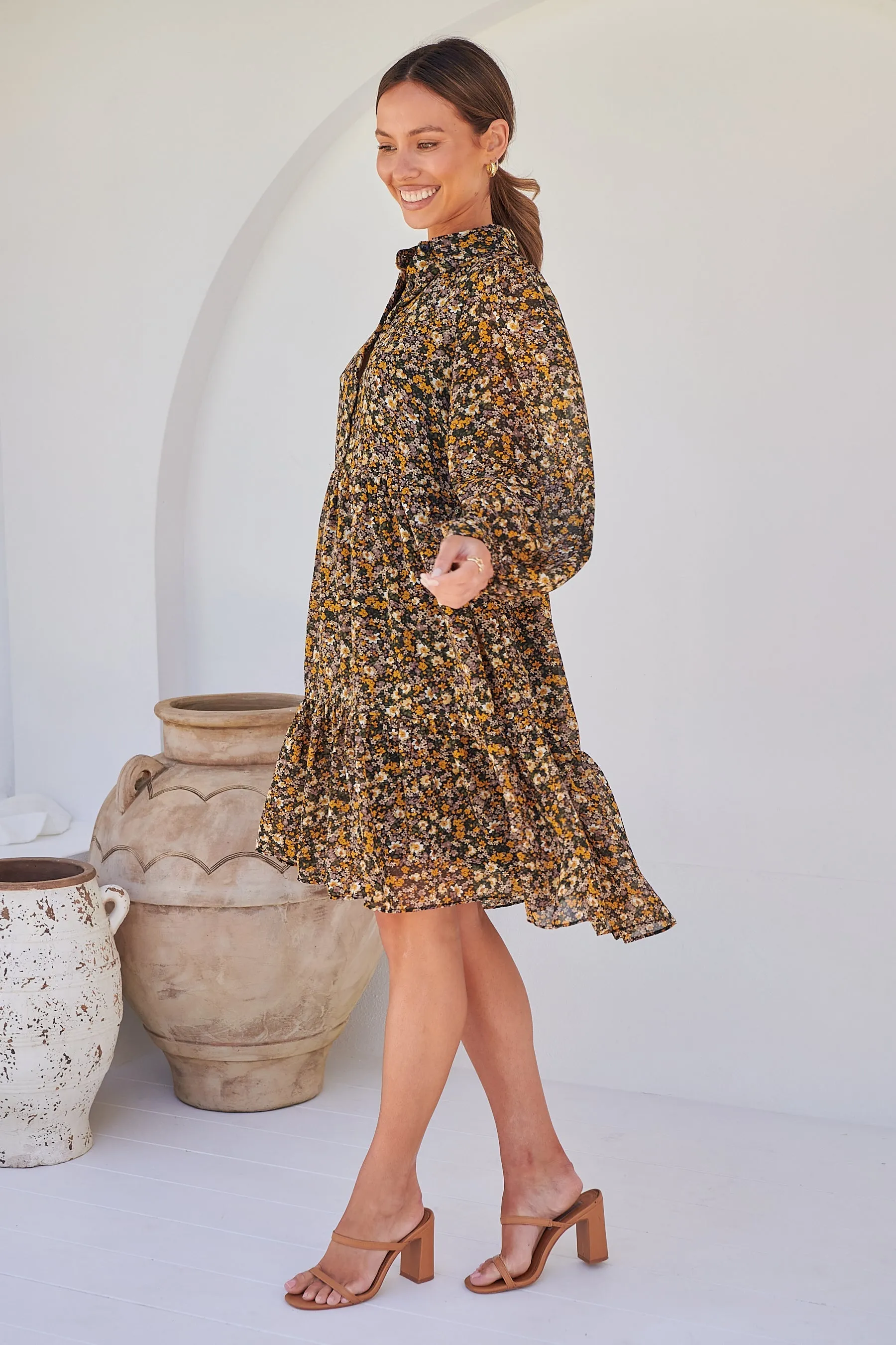 Jessie Floral Chiffon Long Sleeve Collared Dress