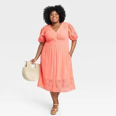 Knox Rose Women's Short Puff Sleeve Eyelet Midi Dress Smocked Waist