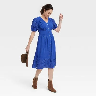 Knox Rose Women's Short Puff Sleeve Eyelet Midi Dress Smocked Waist