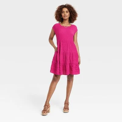 Knox Rose Women's Short Puff Sleeve Eyelet Midi Dress Smocked Waist