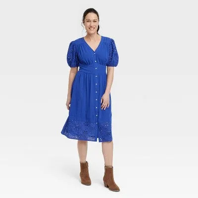 Knox Rose Women's Short Puff Sleeve Eyelet Midi Dress Smocked Waist