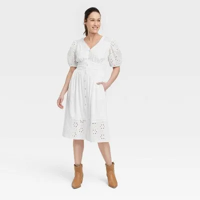 Knox Rose Women's Short Puff Sleeve Eyelet Midi Dress Smocked Waist