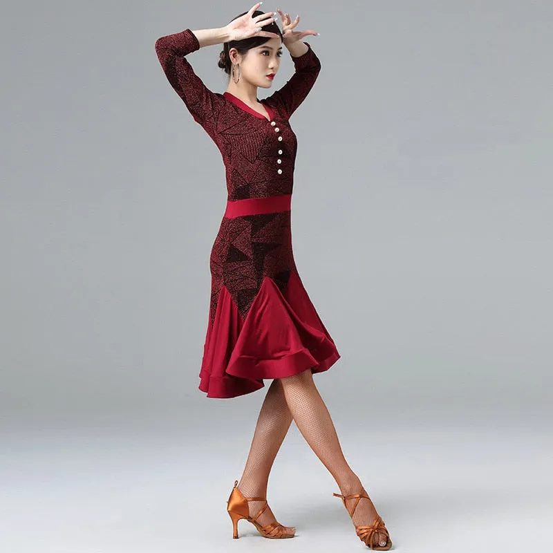 Latin Dance Dress Patchwork Shinny Cloth Long Sleeves V-neck Salsa Flare Skirt