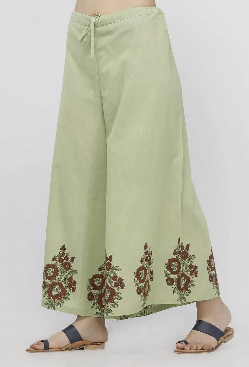 Light Green Cotton  Hand-Block Printed Culottes