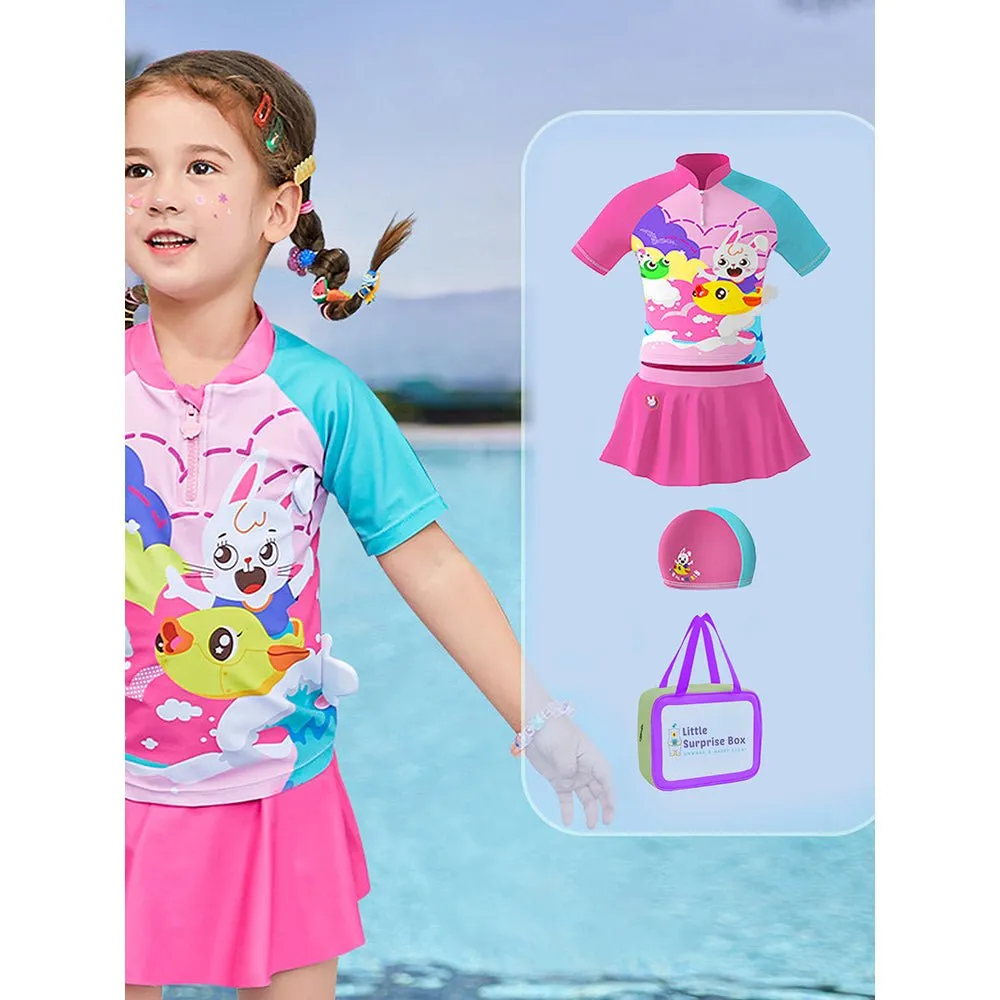 Little Surprise Box 2 pcs Shirt & Skirt set, Mint & Pink Multi Swimwear with matching swimcap for Kids with UPF 50 