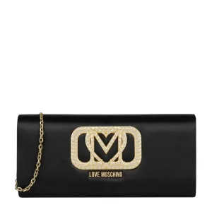 Love Moschino Rhinestones Heart Logo Black Satin Clutch Bag