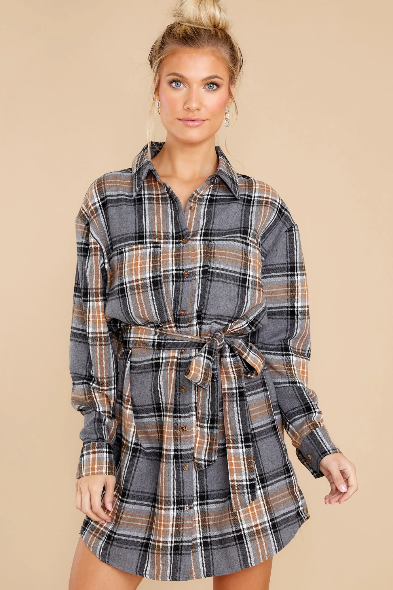 Make Time Grey And Caramel Plaid Dress