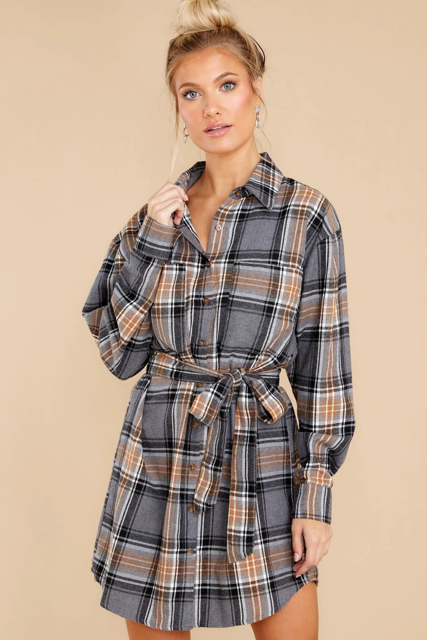 Make Time Grey And Caramel Plaid Dress